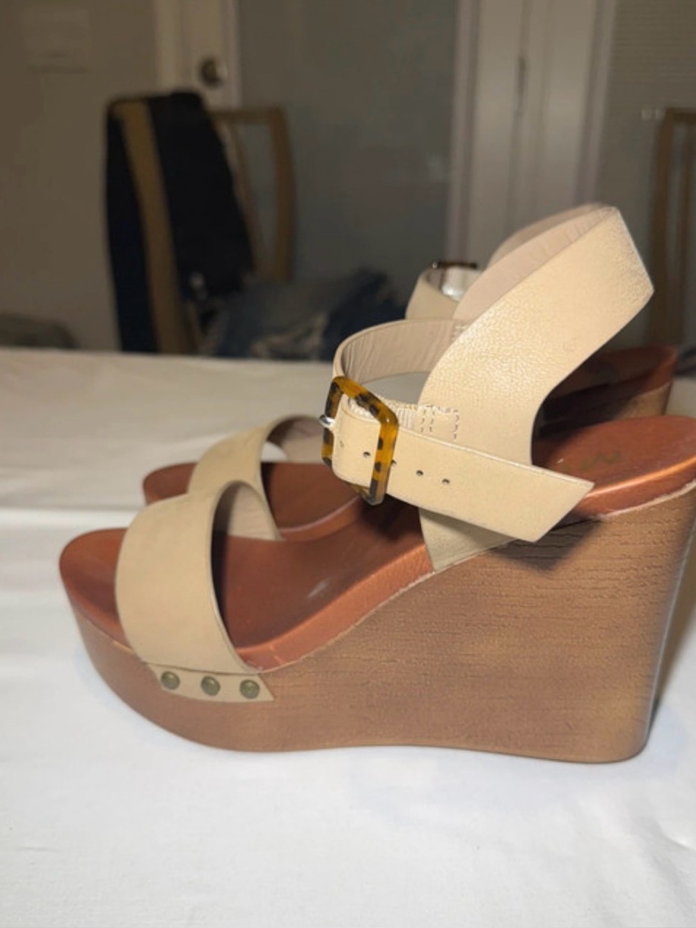 Beige Wedge Sandals with Ankle Buckle